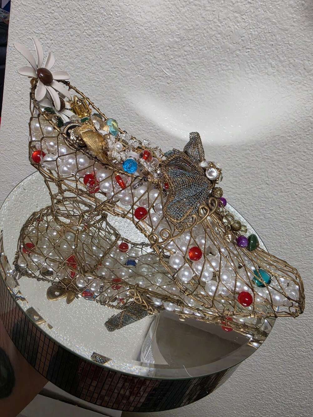 Hand Crafted Jewelry Embellished Gold Wire Mesh  Shoe  Decor